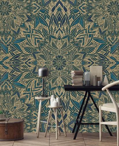 teal and gold customisable art deco mural called Teal Art Deco Golden Mandala by Bloomery Decor