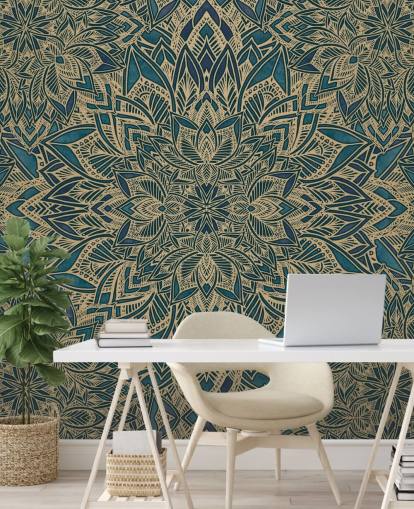 peinture murale art déco personnalisable bleu sarcelle et or appelée Teal Art Deco Golden Mandala par Bloomery Decor