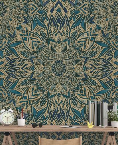 Personalisierbares Art-Deco-Wandbild in Blaugrün und Gold namens Teal Art Deco Golden Mandala von Bloomery Decor