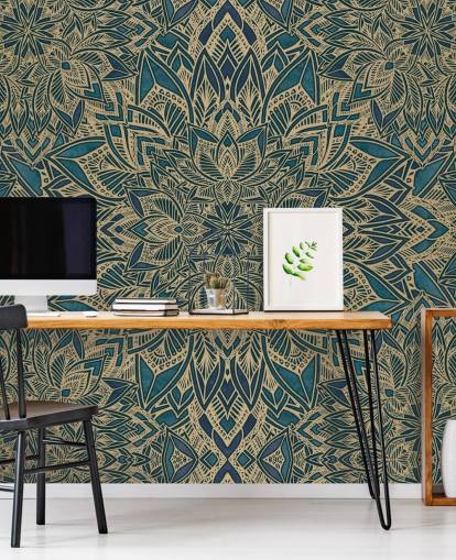 mural art déco personalizable en verde azulado y dorado llamado Teal Art Deco Golden Mandala de Bloomery Decor