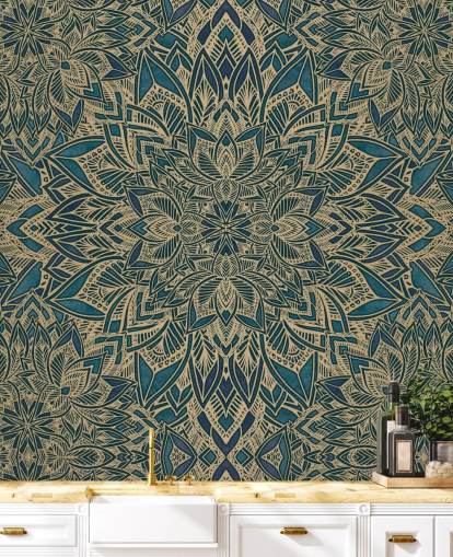 kricka och guld anpassningsbar art deco väggmålning kallad Teal Art Deco Golden Mandala av Bloomery Decor