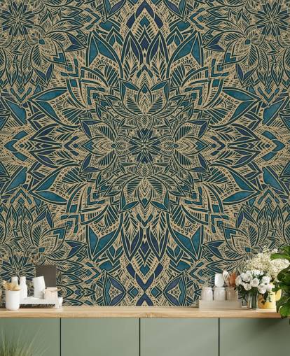 mural art déco personalizável em azul-petróleo e ouro chamado Teal Art Deco Golden Mandala da Bloomery Decor