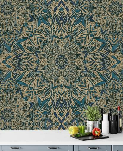 peinture murale art déco personnalisable bleu sarcelle et or appelée Teal Art Deco Golden Mandala par Bloomery Decor