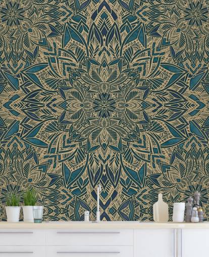mural art déco personalizável em azul-petróleo e ouro chamado Teal Art Deco Golden Mandala da Bloomery Decor