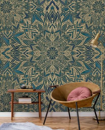 teal and gold customisable art deco mural called Teal Art Deco Golden Mandala by Bloomery Decor