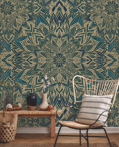 mural art déco personalizável em azul-petróleo e ouro chamado Teal Art Deco Golden Mandala da Bloomery Decor mural art déco personalizável em azul-petróleo e ouro chamado Teal Art Deco Golden Mandala da Bloomery Decor