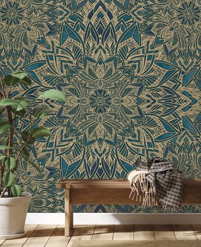 teal and gold customisable art deco mural called Teal Art Deco Golden Mandala by Bloomery Decor