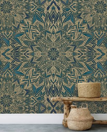 mural art déco personalizable en verde azulado y dorado llamado Teal Art Deco Golden Mandala de Bloomery Decor