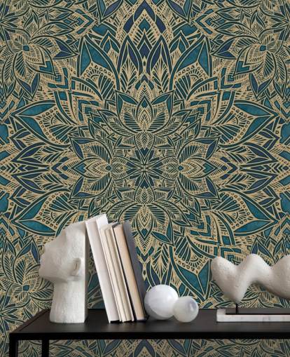 Personalisierbares Art-Deco-Wandbild in Blaugrün und Gold namens Teal Art Deco Golden Mandala von Bloomery Decor