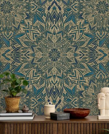 aanpasbare art deco-muurschildering in blauwgroen en goud genaamd Teal Art Deco Golden Mandala van Bloomery Decor
