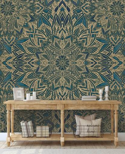 blågrøn og guld tilpasselig art deco-vægmaleri kaldet Teal Art Deco Golden Mandala af Bloomery Decor blågrøn og guld tilpasselig art deco-vægmaleri kaldet Teal Art Deco Golden Mandala af Bloomery Decor