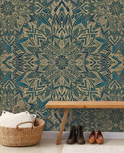 murale art deco personalizzabile color verde acqua e oro chiamato Teal Art Deco Golden Mandala di Bloomery Decor murale art deco personalizzabile color verde acqua e oro chiamato Teal Art Deco Golden Mandala di Bloomery Decor