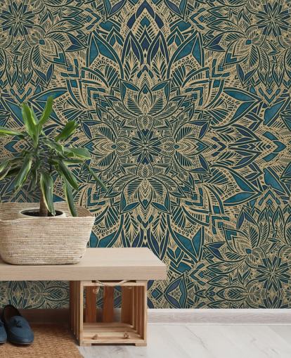peinture murale art déco personnalisable bleu sarcelle et or appelée Teal Art Deco Golden Mandala par Bloomery Decor peinture murale art déco personnalisable bleu sarcelle et or appelée Teal Art Deco Golden Mandala par Bloomery Decor