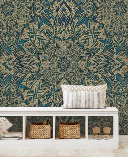 peinture murale art déco personnalisable bleu sarcelle et or appelée Teal Art Deco Golden Mandala par Bloomery Decor