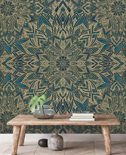 mural art déco personalizável em azul-petróleo e ouro chamado Teal Art Deco Golden Mandala da Bloomery Decor