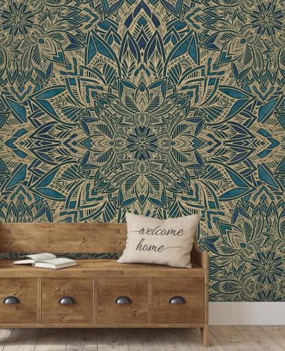 teal and gold customizable art deco mural called Teal Art Deco Golden Mandala by Bloomery Decor