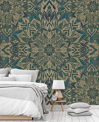 teal and gold customisable art deco mural called Teal Art Deco Golden Mandala by Bloomery Decor