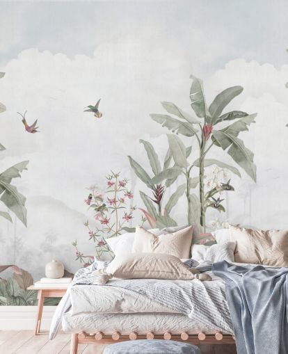 gray custom jungle mural called Gray Vintage Jungle Landscape by Bloomery Decor for homes and businesses