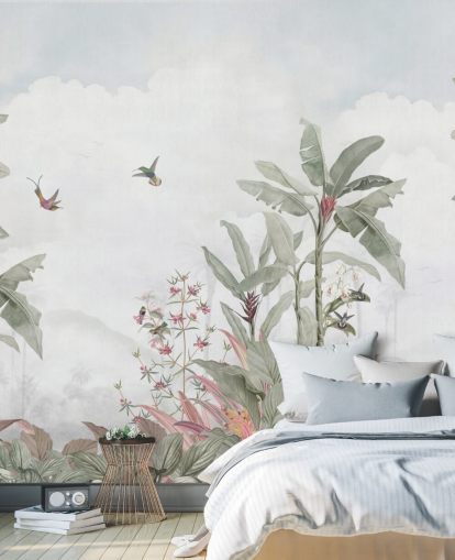 grijze op maat gemaakte junglemuurschildering genaamd Grey Vintage Jungle Landscape van Bloomery Decor voor huizen en bedrijven