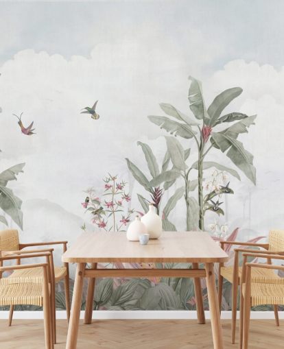 murale grigio personalizzato con giungla chiamato Grey Vintage Jungle Landscape di Bloomery Decor per case e aziende