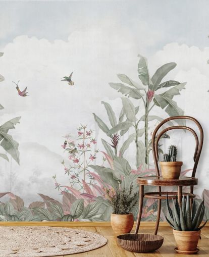 grey custom jungle mural called Grey Vintage Jungle Landscape by Bloomery Decor for homes and businesses