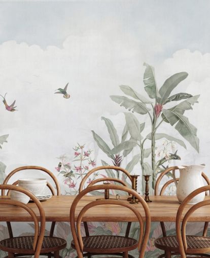 grey custom jungle mural called Grey Vintage Jungle Landscape by Bloomery Decor for homes and businesses