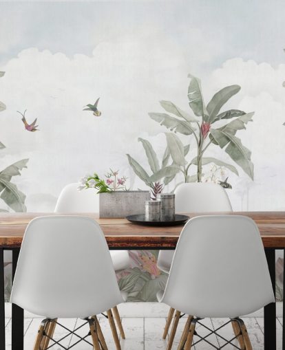 mural gris personalizado de la jungla llamado Grey Vintage Jungle Landscape de Bloomery Decor para hogares y negocios