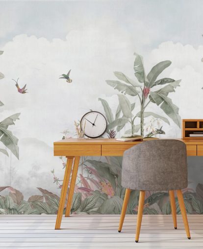 mural de selva personalizado cinza chamado Grey Vintage Jungle Landscape da Bloomery Decor para residências e empresas
