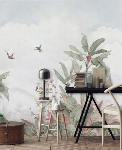 grijze op maat gemaakte junglemuurschildering genaamd Grey Vintage Jungle Landscape van Bloomery Decor voor huizen en bedrijven