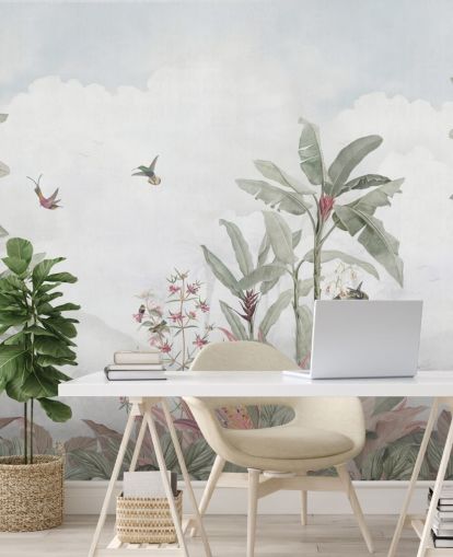 grijze op maat gemaakte junglemuurschildering genaamd Grey Vintage Jungle Landscape van Bloomery Decor voor huizen en bedrijven grijze op maat gemaakte junglemuurschildering genaamd Grey Vintage Jungle Landscape van Bloomery Decor voor huizen en bedrijven