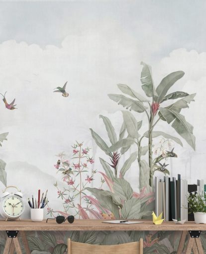 grijze op maat gemaakte junglemuurschildering genaamd Grey Vintage Jungle Landscape van Bloomery Decor voor huizen en bedrijven