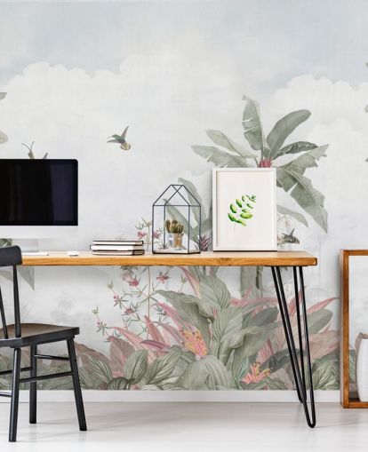 peinture murale grise personnalisée de la jungle appelée Grey Vintage Jungle Landscape par Bloomery Decor pour les maisons et les entreprises