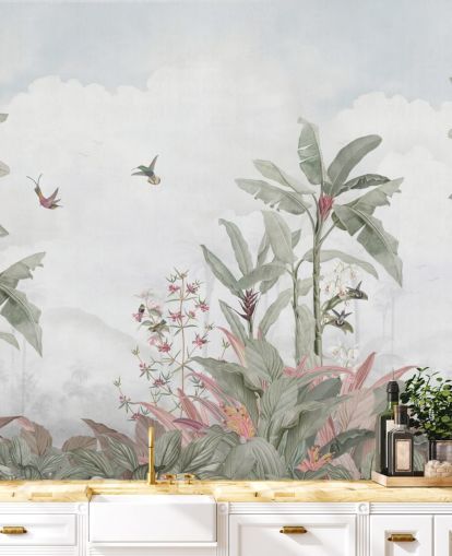 gråt brugerdefineret jungle-vægmaleri kaldet Grey Vintage Jungle Landscape af Bloomery Decor til hjem og virksomheder gråt brugerdefineret jungle-vægmaleri kaldet Grey Vintage Jungle Landscape af Bloomery Decor til hjem og virksomheder