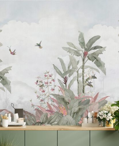 peinture murale grise personnalisée de la jungle appelée Grey Vintage Jungle Landscape par Bloomery Decor pour les maisons et les entreprises