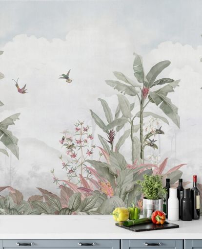 gråt brugerdefineret jungle-vægmaleri kaldet Grey Vintage Jungle Landscape af Bloomery Decor til hjem og virksomheder