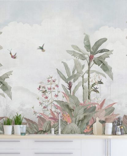 grey custom jungle mural called Grey Vintage Jungle Landscape by Bloomery Decor for homes and businesses