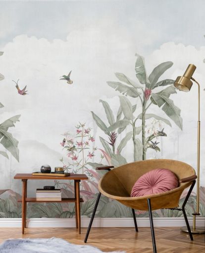 grijze op maat gemaakte junglemuurschildering genaamd Grey Vintage Jungle Landscape van Bloomery Decor voor huizen en bedrijven grijze op maat gemaakte junglemuurschildering genaamd Grey Vintage Jungle Landscape van Bloomery Decor voor huizen en bedrijven