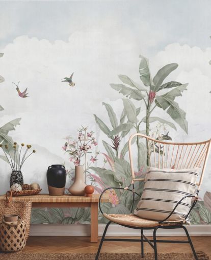 grått tilpasset jungelveggmaleri kalt Grey Vintage Jungle Landscape av Bloomery Decor for hjem og bedrifter