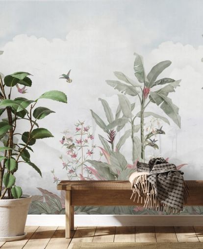 peinture murale grise personnalisée de la jungle appelée Grey Vintage Jungle Landscape par Bloomery Decor pour les maisons et les entreprises