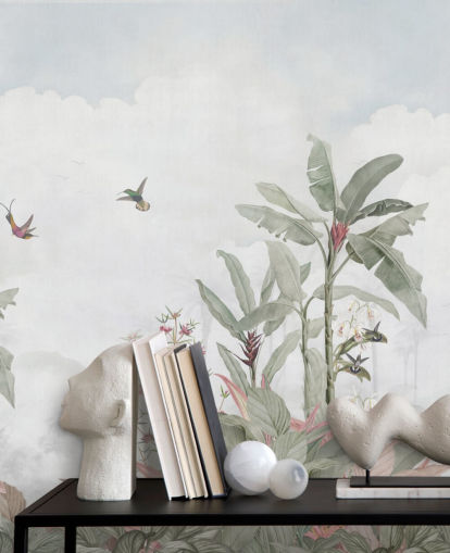 grey custom jungle mural called Grey Vintage Jungle Landscape by Bloomery Decor for homes and businesses