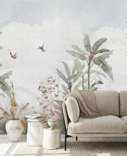 grå anpassad djungelväggmålning kallad Grey Vintage Jungle Landscape av Bloomery Decor för hem och företag grå anpassad djungelväggmålning kallad Grey Vintage Jungle Landscape av Bloomery Decor för hem och företag