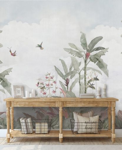 murale grigio personalizzato con giungla chiamato Grey Vintage Jungle Landscape di Bloomery Decor per case e aziende