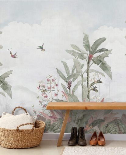 grijze op maat gemaakte junglemuurschildering genaamd Grey Vintage Jungle Landscape van Bloomery Decor voor huizen en bedrijven grijze op maat gemaakte junglemuurschildering genaamd Grey Vintage Jungle Landscape van Bloomery Decor voor huizen en bedrijven