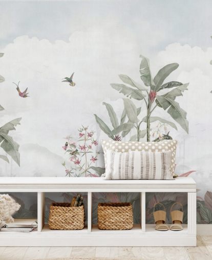 murale grigio personalizzato con giungla chiamato Grey Vintage Jungle Landscape di Bloomery Decor per case e aziende murale grigio personalizzato con giungla chiamato Grey Vintage Jungle Landscape di Bloomery Decor per case e aziende