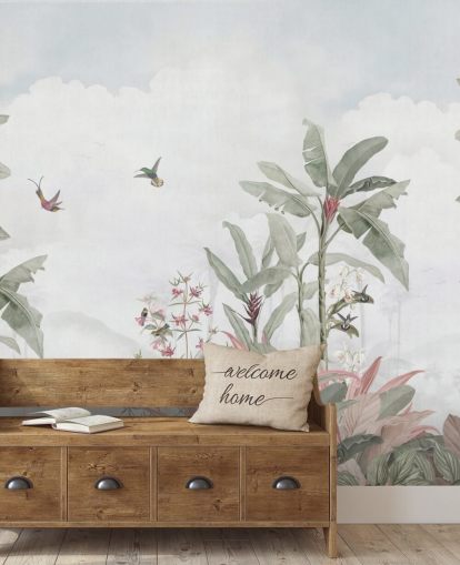 gray custom jungle mural called Gray Vintage Jungle Landscape by Bloomery Decor for homes and businesses