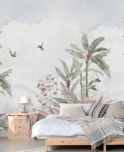 mural de selva personalizado cinza chamado Grey Vintage Jungle Landscape da Bloomery Decor para residências e empresas