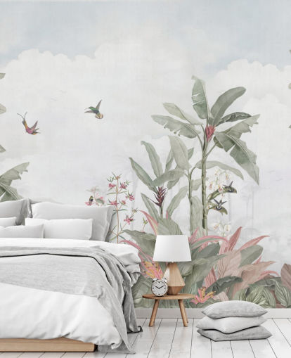 gråt brugerdefineret jungle-vægmaleri kaldet Grey Vintage Jungle Landscape af Bloomery Decor til hjem og virksomheder