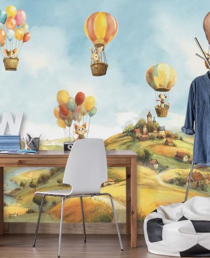 blue, green and orange kids hot air balloon wall mural called Air by Elena Pavlova for nurseries blue, green and orange kids hot air balloon wall mural called Air by Elena Pavlova for nurseries