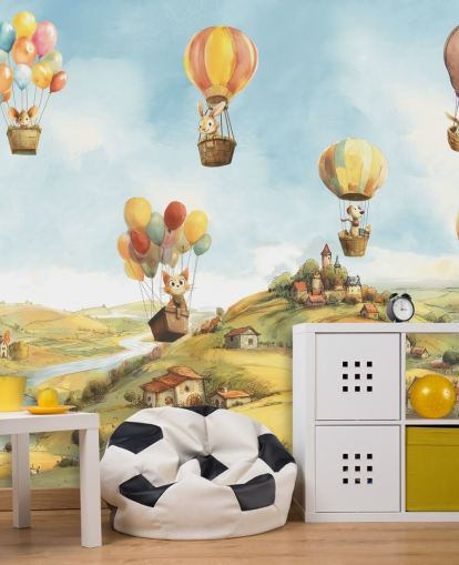 mural de pared en globo aerostático para niños azul, verde y naranja llamado Air de Elena Pavlova para guarderías