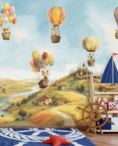 blue, green and orange kids hot air balloon wall mural called Air by Elena Pavlova for nurseries blue, green and orange kids hot air balloon wall mural called Air by Elena Pavlova for nurseries